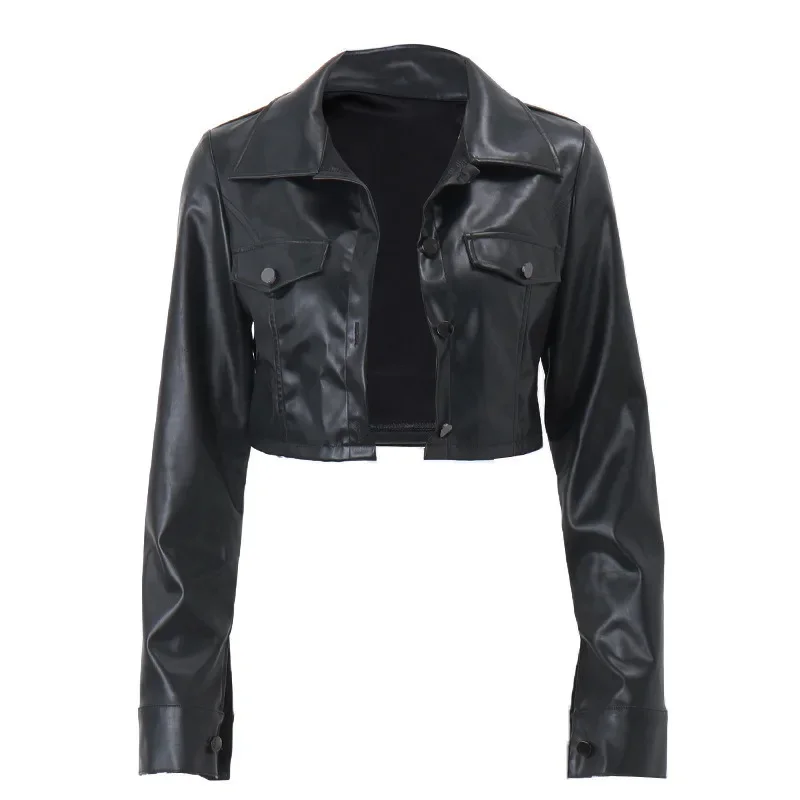 Chaqueta de cuero con cuello negro para mujer, cárdigan versátil de manga larga, expuesto ombligo, moda de motocicleta Europea y americana, otoño