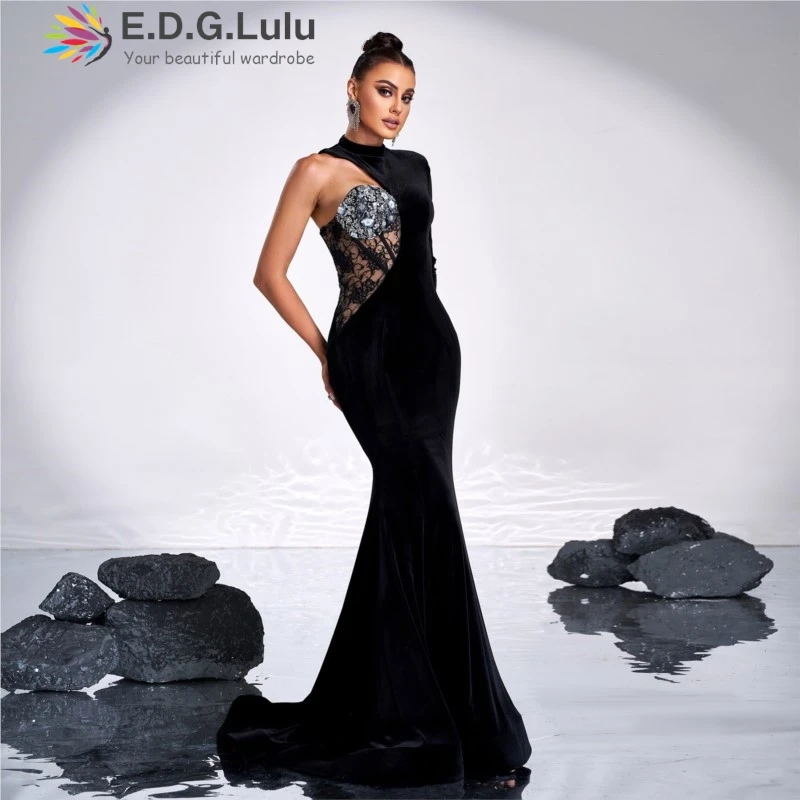 EDGLuLu  One Shoulder Long Sleeved Shirt Birthday Dresses Luxury 2024 Hollow Lace Patchwork Sequins Long Evening Gown 1116