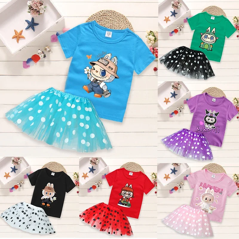 

Labubu Original Dress Set Girl Kawaii Anime Pattern T-shirt+Skirt Loose Casual Breathable Tee Top Children's Labubu Clothes Gift
