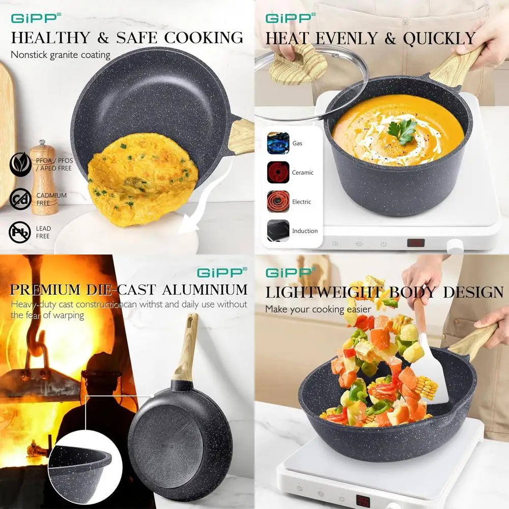 

Grey Granite Nonstick Induction Cookware Set with Silicone Utensils, PFOS and PFOA Free, Non-toxic Kitchenware