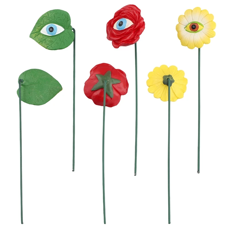 

6PCS Resin Plant Eyes Stakes Novelty Rose Sunflower Green Leave Plant Garden Stakes Funny Floral Plant Pick Ornaments