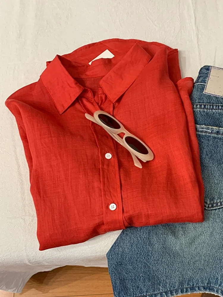 Red Linen Long Sve Women's irt Sun Protection Spring Summer Casual Sle High End New Arrival  Collar Button Detail