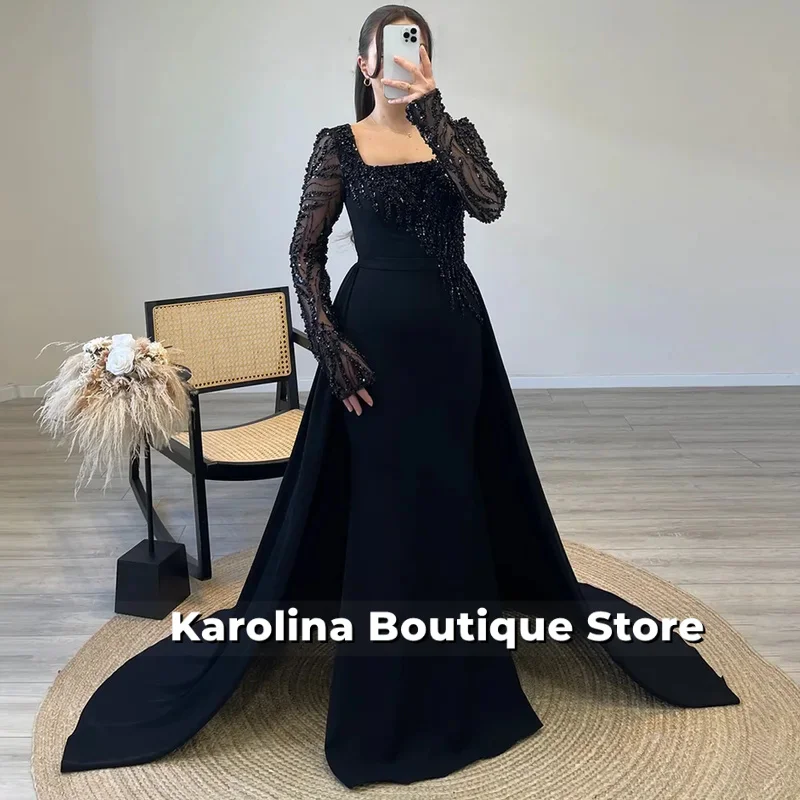 Exquisites schwarzes Abendkleid mit Umhang, maßgeschneidert, lange Ärmel, quadratischer Ausschnitt, Perlenstickerei, Hochzeitskleid, Ballkleider
