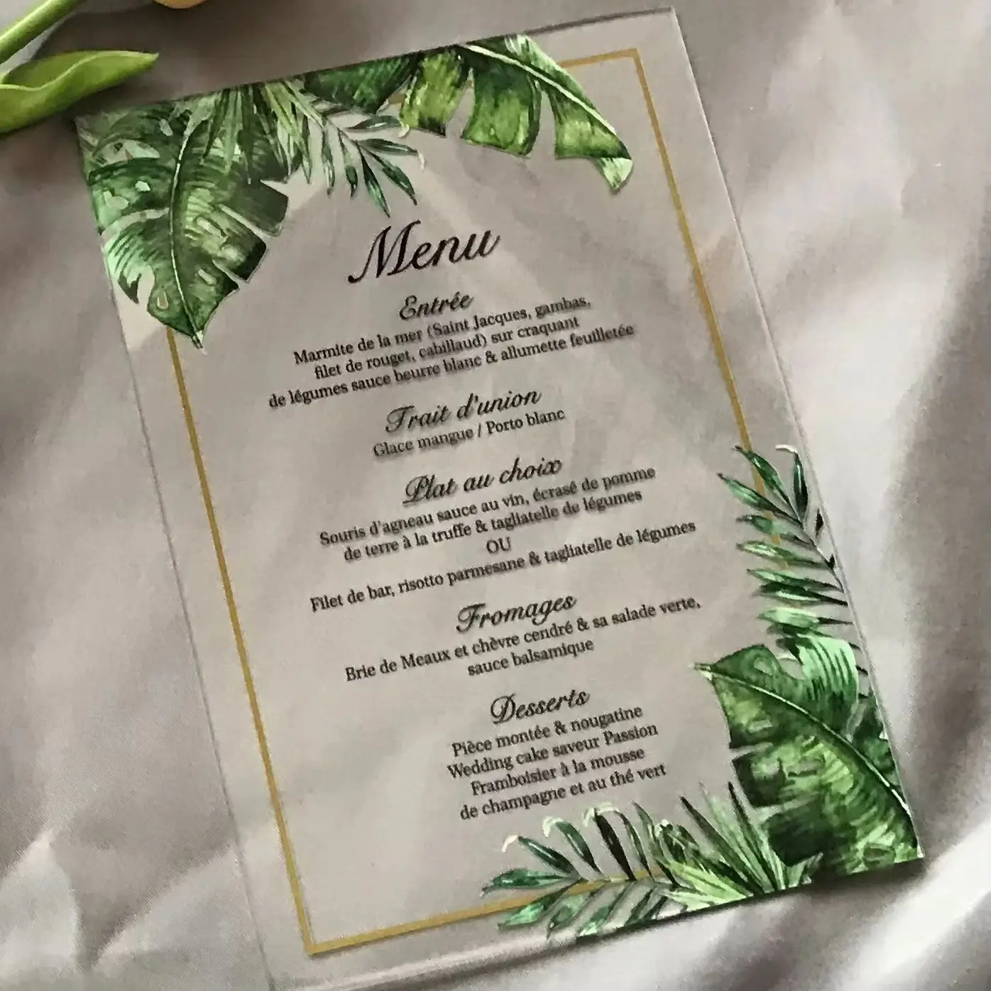 

35pcs Palm leaf Resturant Menu,Acrylic Wedding Invitation Cards,The tropical plant Acrylic Menu Cards,Beach Wedding Invitations