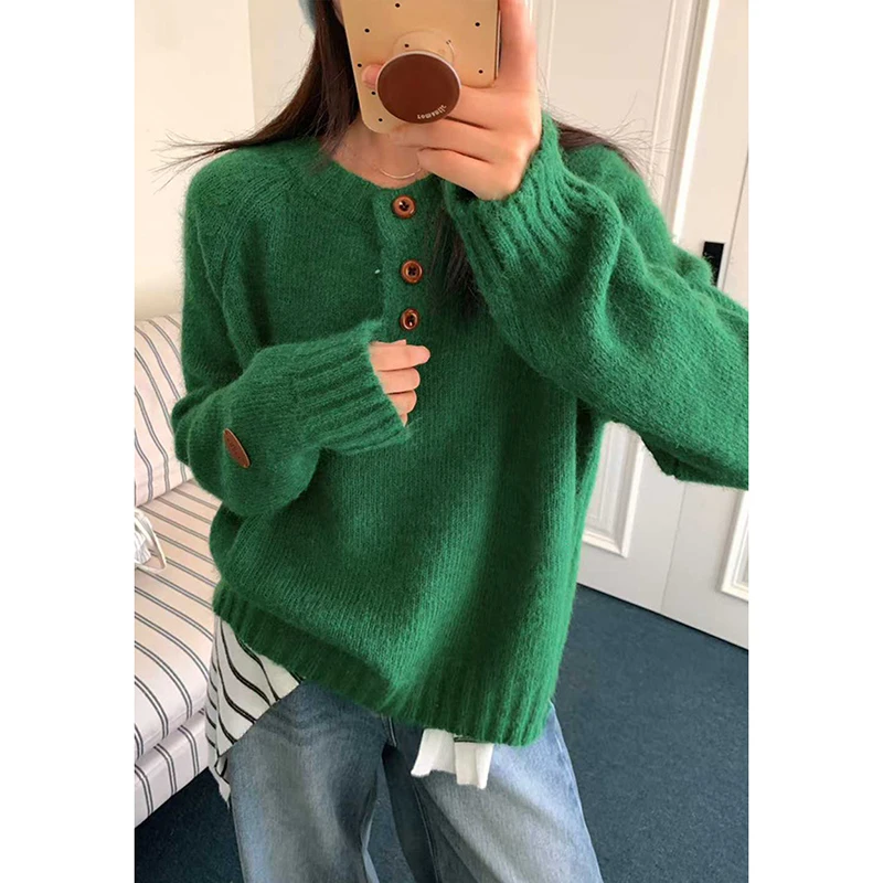 Moda botão guarnição oversized camisola de malha feminina coreano muti-cor macio o-pescoço pullovers solto cor sólida all-match jumpers