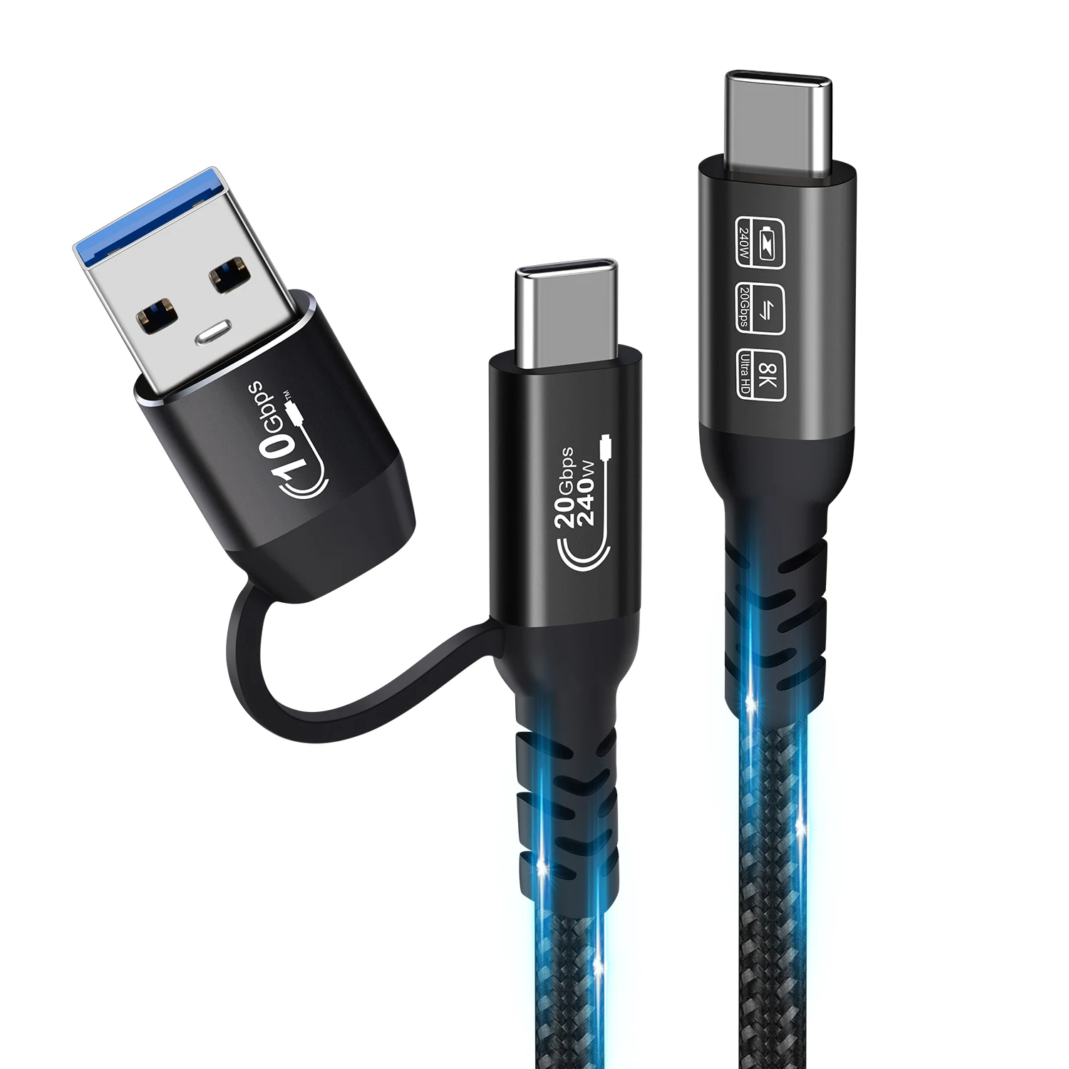 USB C Cable 3.2 USbC 20Gbps Multi functional 2in1 USB A to Type C 8K@60Hz UHD Video 5A/240W PD3.1 Fast Charge Cord Compatible