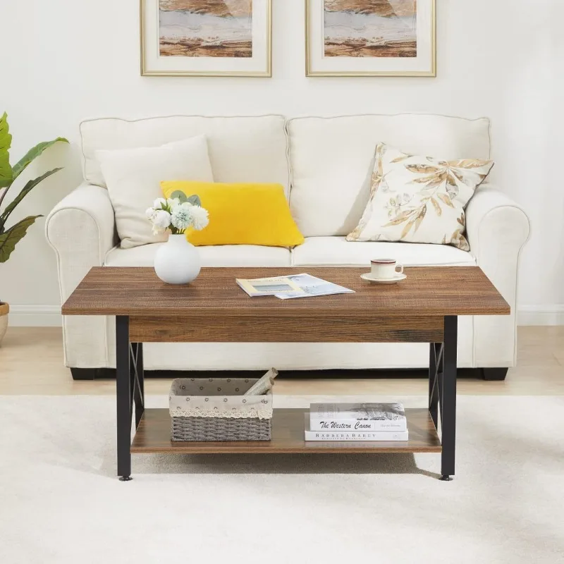 Coffee Table with Storage, Modern Coffee Tables for Living Room, X-Frame Design Farmhouse Coffee Table Space Saving Living Room