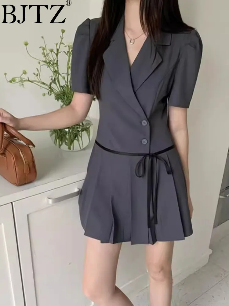 

BJTZ Solid Color Office Lady Minimalist Design For Women's 2024 Summer New Bubble Sleevepleated Short Pressed Pleated Suit Skirt