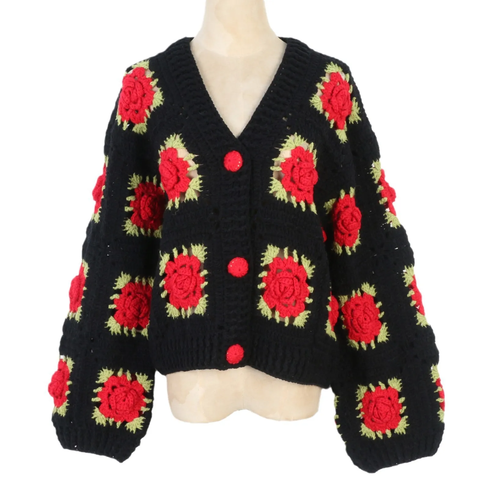 

TIYIHAILEY New Knitting Women Hand Made Cardigans Spring Outerwear Full Lantern Sleeve Rose Black Autumn Flowers Tops V-Neck