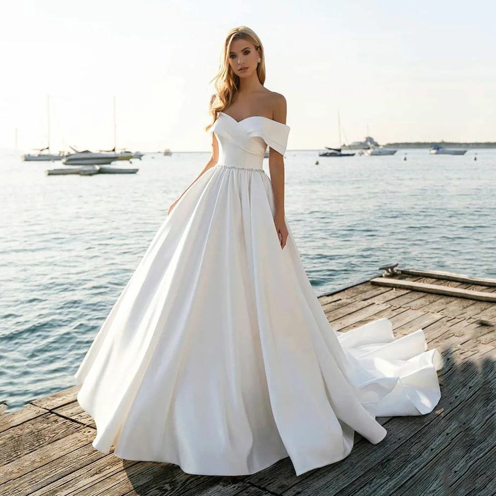 

A -Line Lace White Satin Elegant New Arrvial Wedding Dress Off The Shoulder With Court Train Bridal Gown Sweep For Wedding