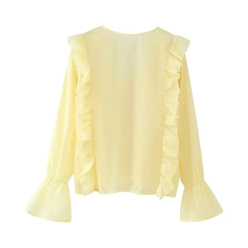 

Sweet French Fashion Women's Transparent Ruffle Lace-Up Trumpet Sleeve Shirt Summer 2025 Daily Holiday Style