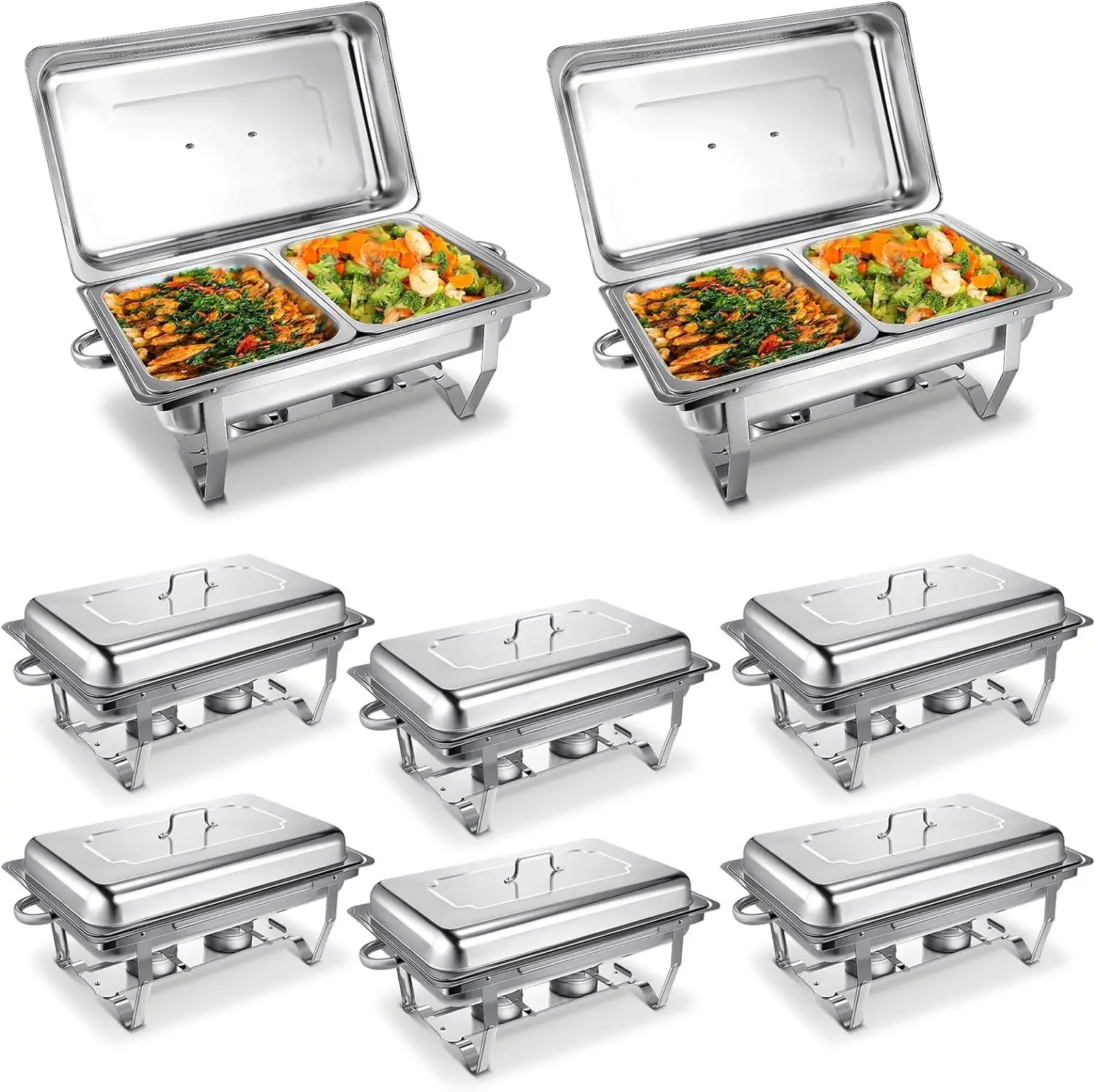 

8 Pack 9QT Chafing Dish Buffet Set Stainless Steel Rectangular Chafers and Buffet Warmer Sets with Foldable Frame