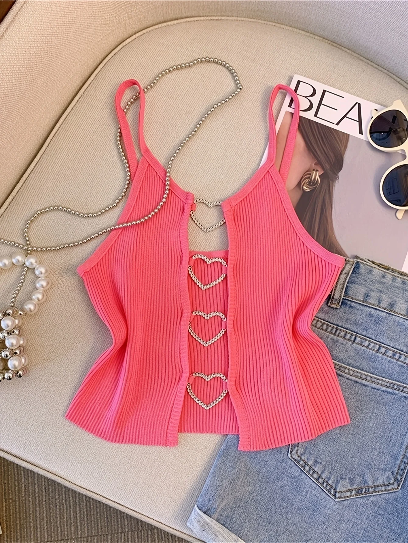 2026 New Sexy Solid Ribbed Crop Sleeveless Top - Back Heart Decor Cami Top for Women Perfect for Spring & Summer