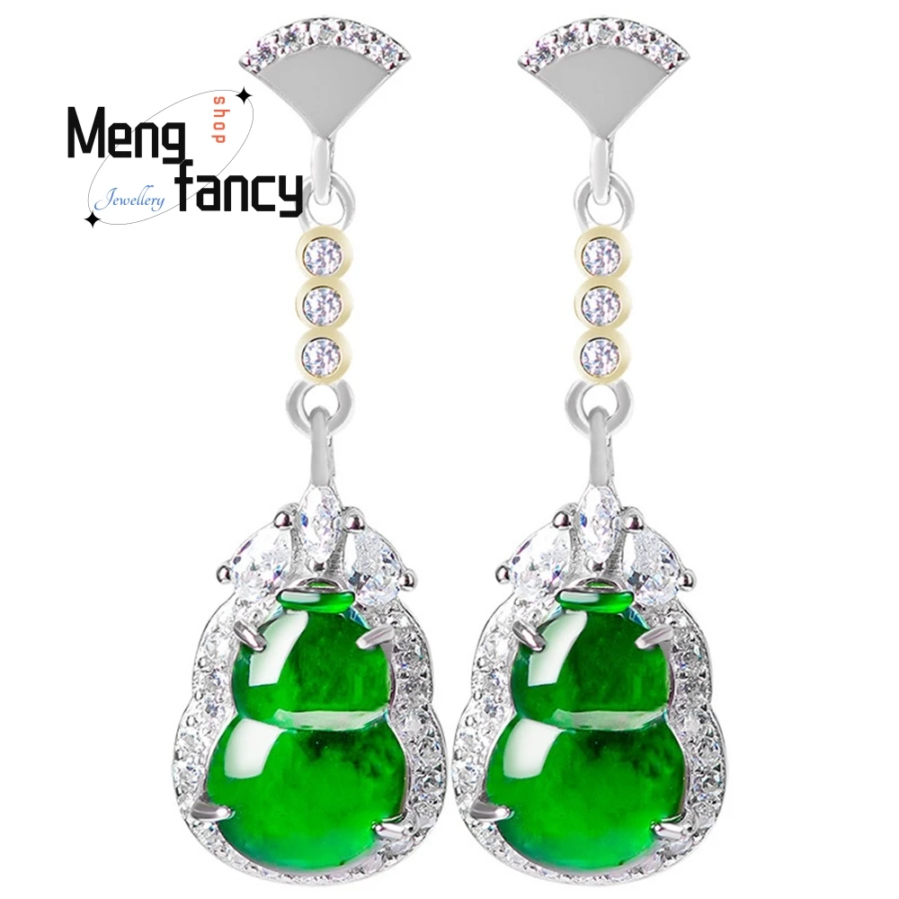 S925 Silver Inlaid Natural A Goods Jade Yang Green Earrings Gourd Earrings Ice Jade Women’s High-Grade Fashion Earrings