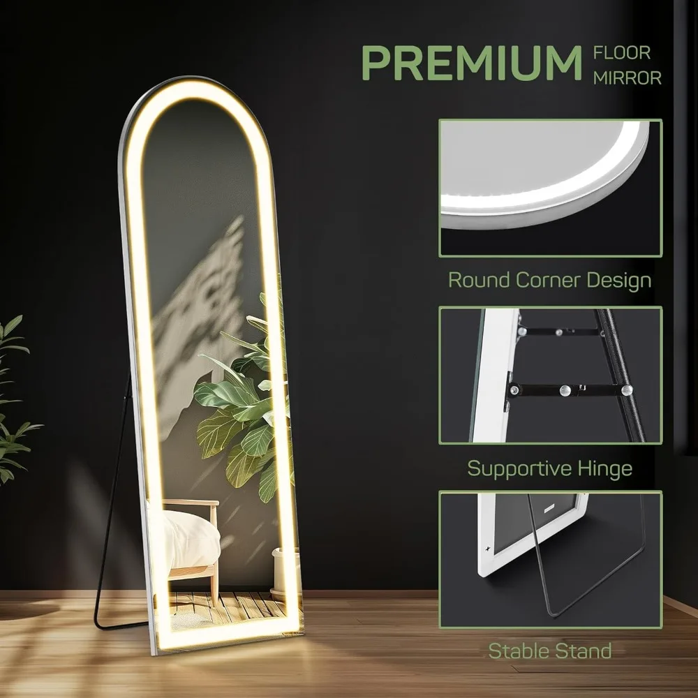 LED-verlichte gebogen vloerspiegel, 16x60 inch hoge staande leunende wandspiegel met standaard, volledige lengte lichaamsspiegel voor thuis D