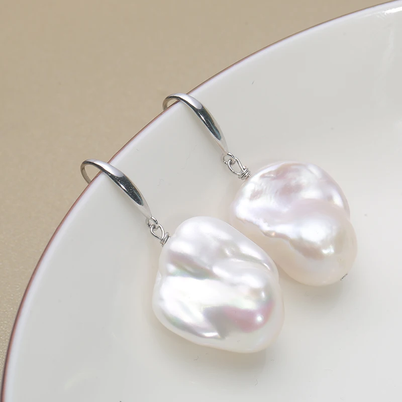 

925 Sterling Silver 100% Natural Freshwater Baroque Pearl Earrings Simple classic ear hook Gold and Silver women's gift 15-25mm