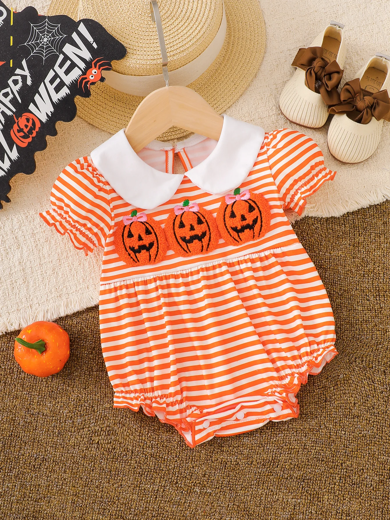 Baby Girls Halloween Pumpkin Bodysuit, Orange White Striped Peter Pan Collar Short Sleeve Romper