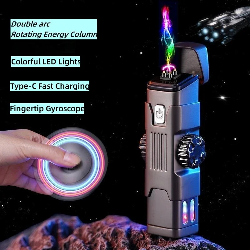 New Rotary Gyro USB Lighter Metal Windproof Double Arc Charging Pulse Plasma LED Colored Light Lighter Creative Men\'s Gift