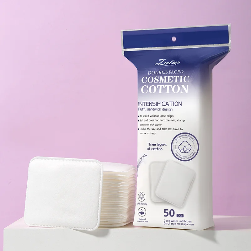 Pure cotton three-layer hypoallergenic makeup pads available in cotton-free dual-purpose 50-piece and 100-piece packs.