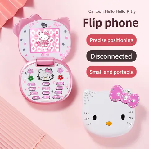 2024 New Kawaii Sanrio Hello Kitty Flip Phone Cartoon Cute Children White Pink Mini Phone Birthday Gifts For Kids Toys For Girls