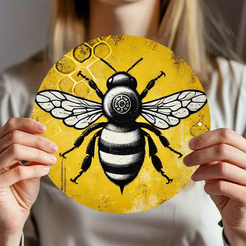 

1pc, Round 20x20cm (8x8 Inch) "Guardian Of The Bee" Aluminum Wall Art | Perfect For Home, Cafe, Bar, Garage Decor, Perfect For R