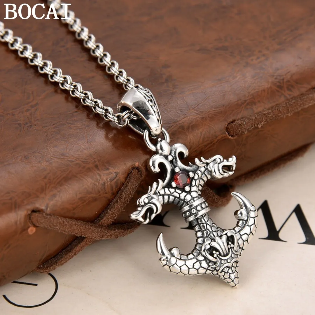 

BOCAI NEW S925 Silver Retro Domineering Auspicious Dragon Pendant
