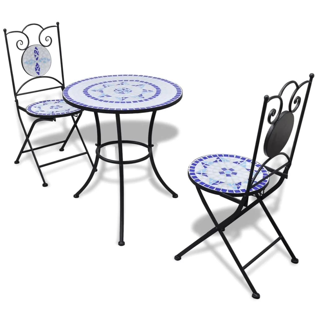 Bistro-Set 3-tlg. mit Keramikfliesen Blau-Weiß – Robuste Konstruktion & Leichtpflege für Gartenterrasse