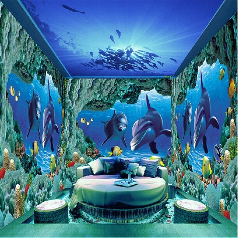 custom World photo murals wall paper papel de parede 3d Dolphins seabed TV backdrop mural sticker wallpaper home decor Stickers