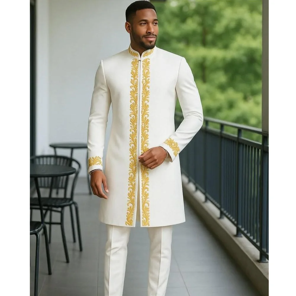 

High Quality Men Retro Figure Slim Fit Tuxedo Prom Suit Fashion White Male Groom Wedding 2 Pieces Blazer Set