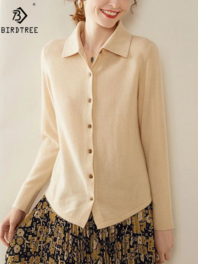 

BirdTree, 35% Cashmere 65%Wool Elegant Shirt, Women Polo Neck Solid, Casual Fashion OL Knit Blouses, 2024 Autumn New T47901QM