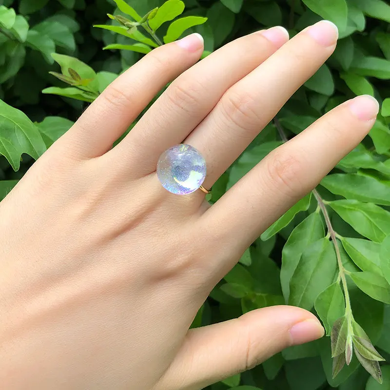 Anillo de dedo de Metal ajustable con apertura redonda para mujer, bola geométrica, brillo de cielo estrellado transparente, arcoíris, joyería de