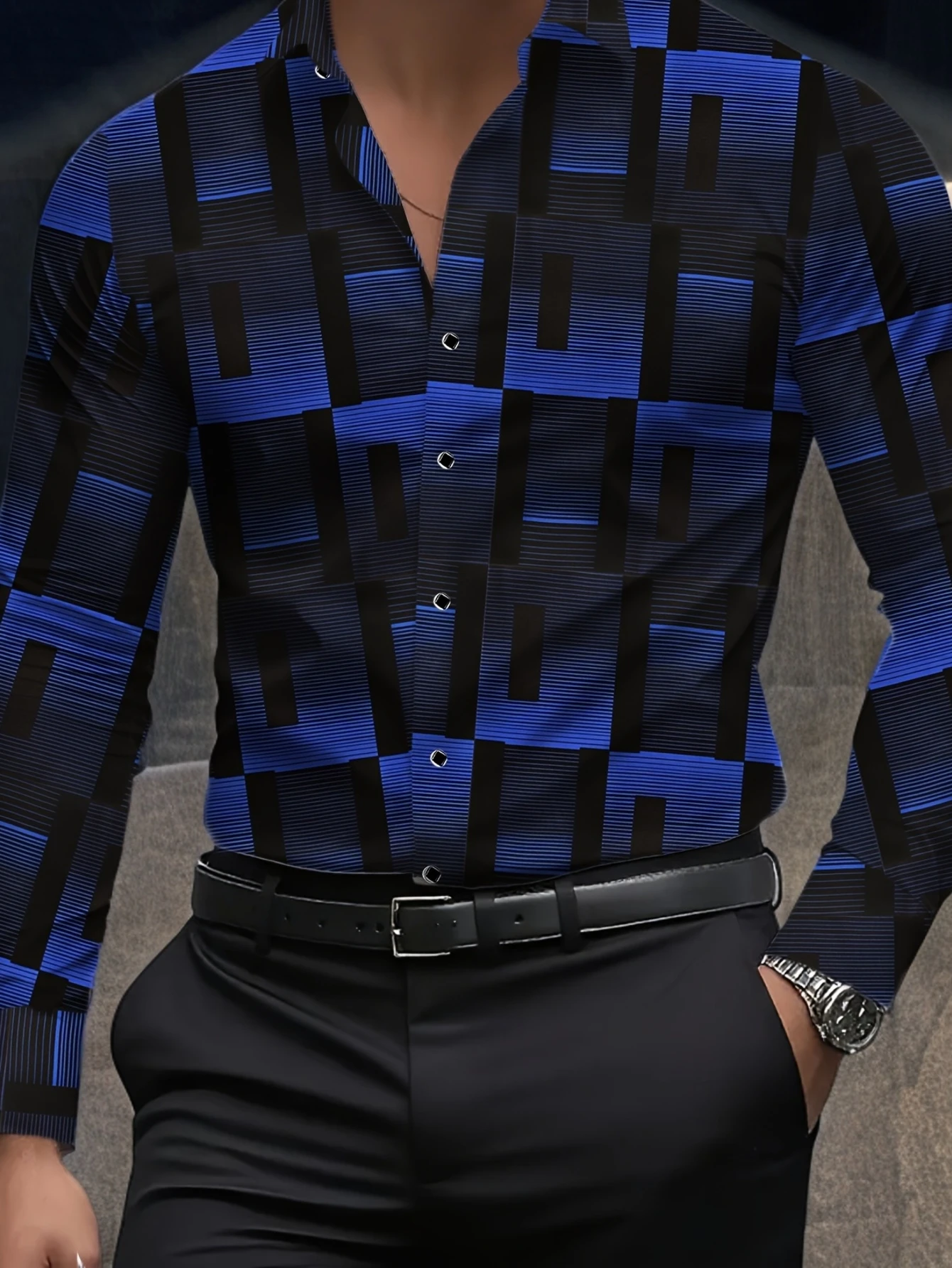 Trendy Men Button‑Up Shirt Retro Dark‑Tone Irregular Geometric Block Art Print Polyester Nightclub Casual