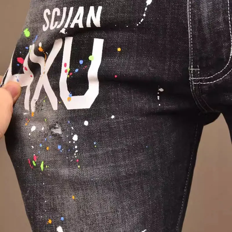 Street Fashion Men Jeans Retro Black Gray Stretch Slim Fit Printed Ripped Jeans Men Painted Designer Hip Hop Denim Pants Hombre