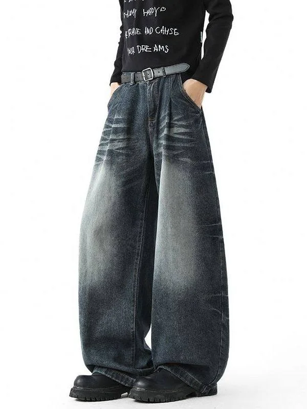 

Tangz Studio American Retro Waed Distred Jeans Men Loose Straight Leg Wide Leg Long Pants Denim Casual Trousers