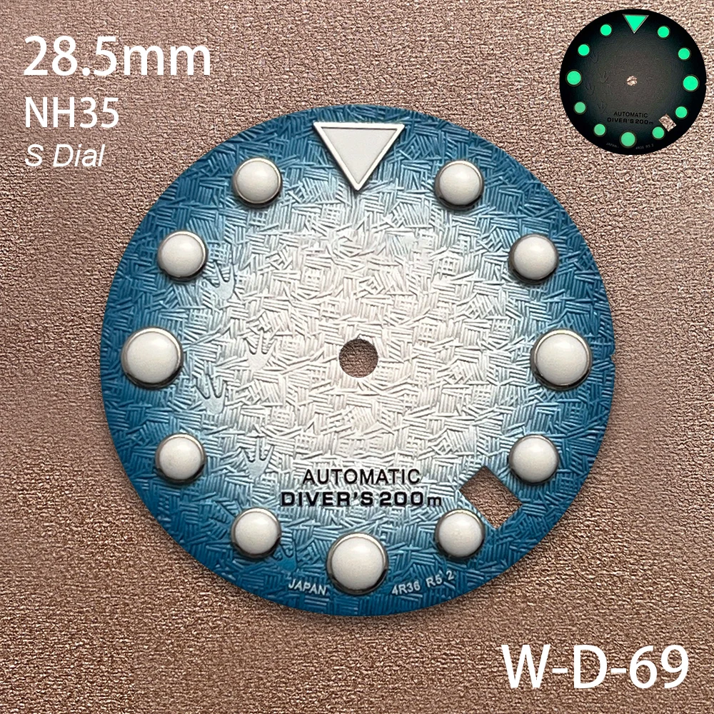 28.5mm S Logo 3D Footprint Dial Fit NH35/NH36/4R/7S Japanese Movement Strong C3 Green Luminous Watch Modification Accessories