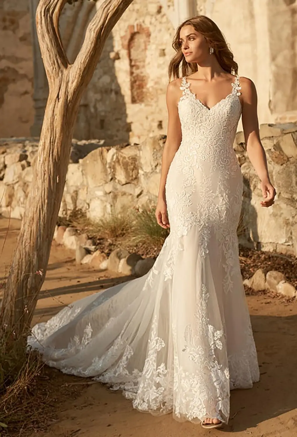 

Women's Beach Wedding Dresses for Bride V Neck Backless Long Lace Wedding Bridal Gowns