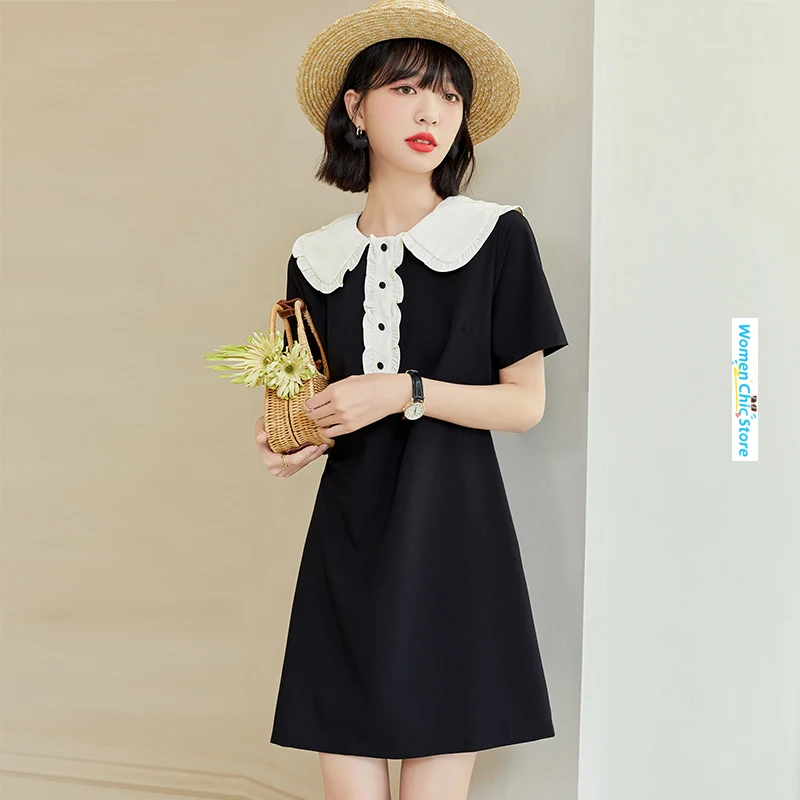 

2024 Summer New Korean Style Black Dress for Women Elegant Chic Slim Casual A-line Peter Pan Collar Short Sleeve Dresses B1926