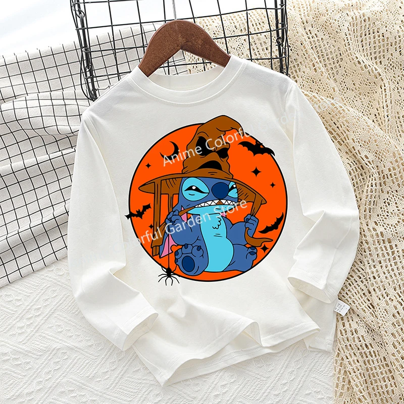 Halloween Disney Stitch Long Sleeved T-shirt for Children Anime Cartoon Funny Tops Festival Cosplay Kawaii Clothing Kids Clothes