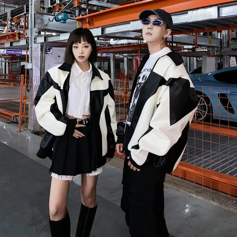 Giacca in pelle da motociclista Moda Patchwork Top Uomo Donna High Street Outdoor Vintage Autunno Inverno Allentato Casual Cappotto in PU Capispalla