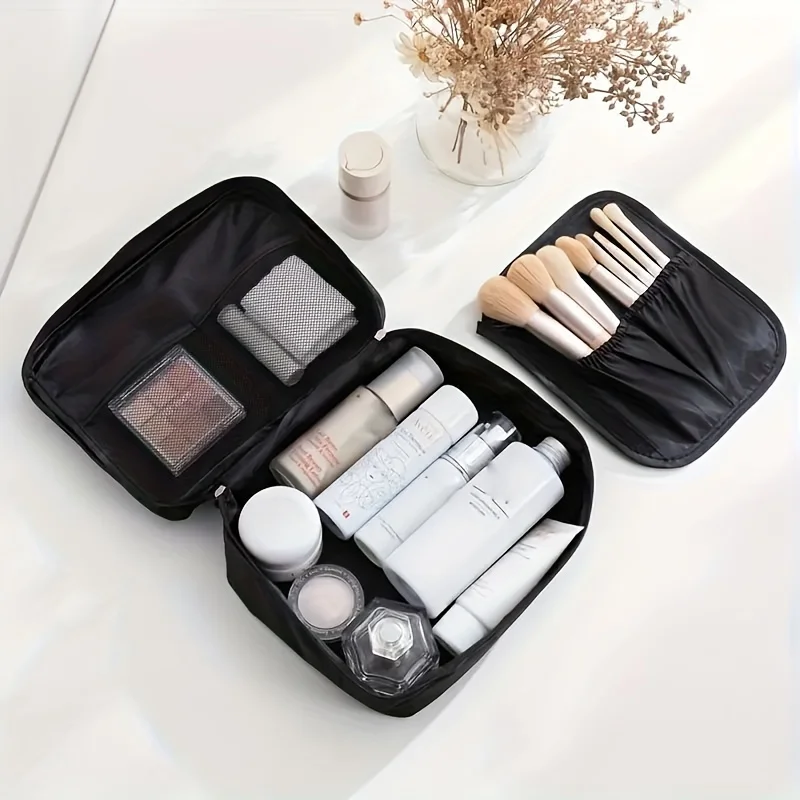 Black Color Cosmetic Organizer Bag With Multi-Compartments Toiletry Makeup Pouch For Personal Care Items