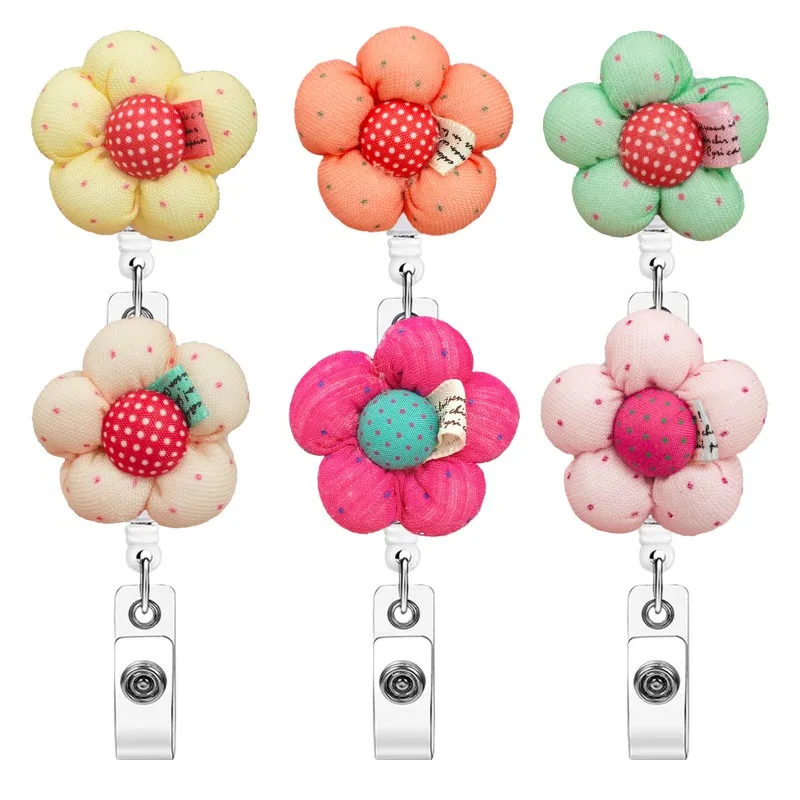 Fabric Floral Polka Dot Women ID Card Badge Reel Cute Red Flower Retractable ID Holder with 360° Rotating Clip for Nurse Doctor