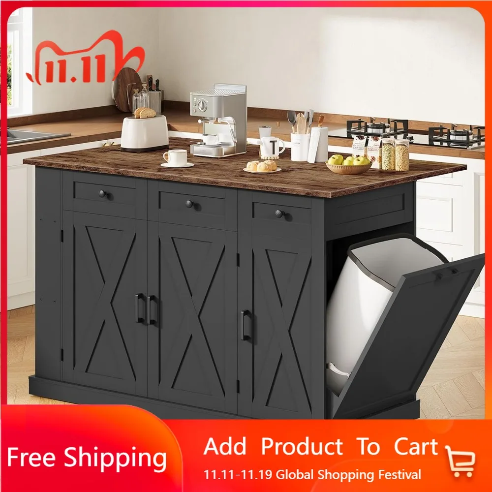 طاولة جزيرة المطبخ المتحركة مقاس 51.2 بوصة مع سطح قابل للطي، عربة جزيرة المطبخ مع مساحة تخزين، خزانة سلة المهملات، درجين، رف توابل #1