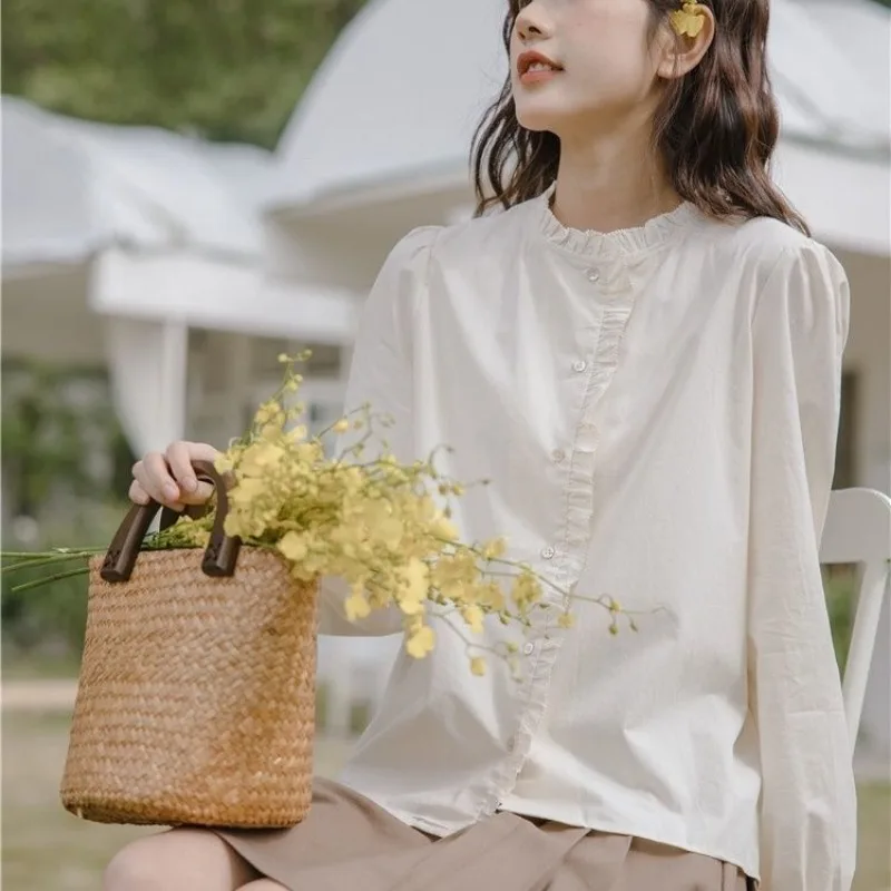 Ruffles Women Shirt Korean Style Long Sleeve Top Female O-neck Autumn Casual Fashion Woman Blouse 2024 Solid Button Clothes New