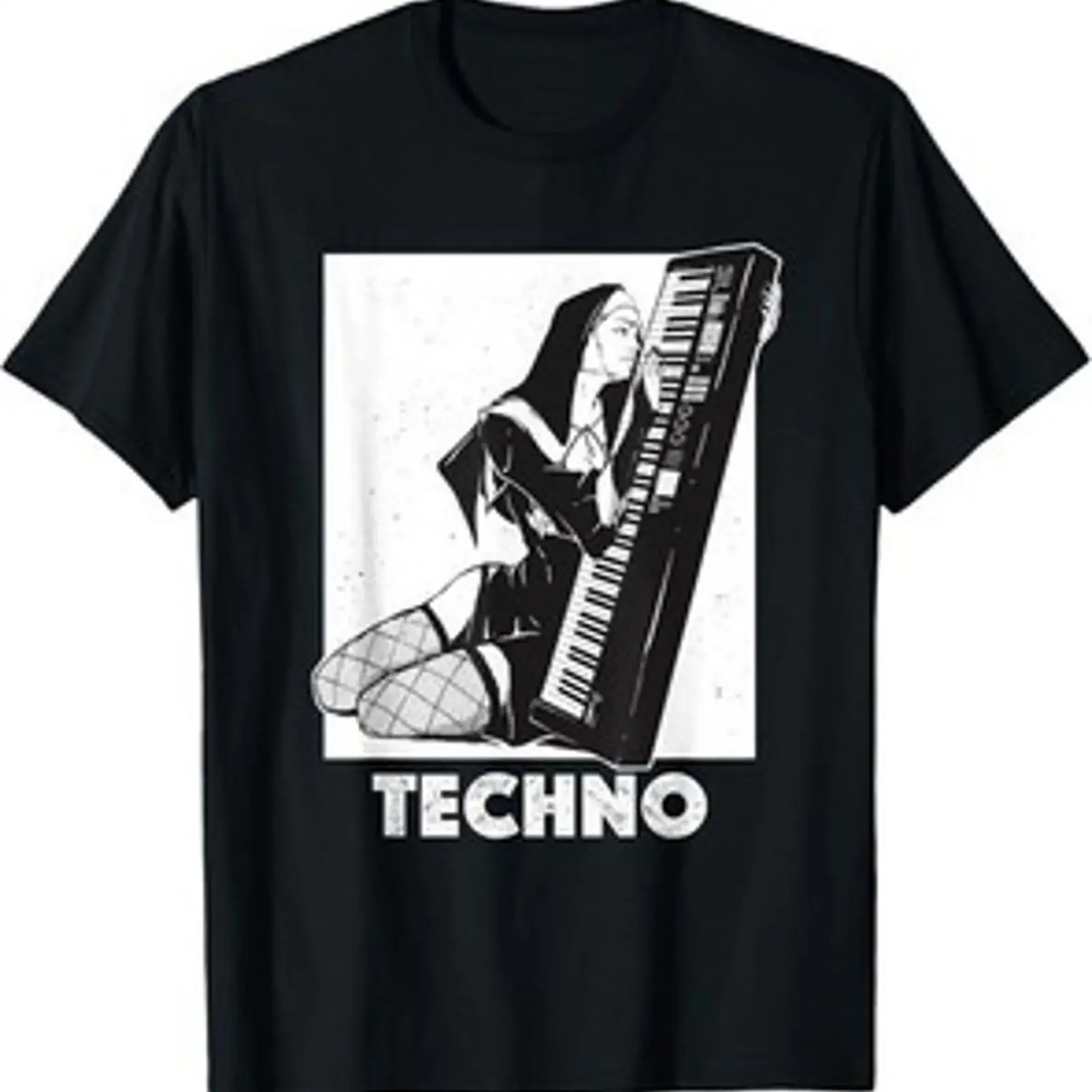 RARO Camiseta Techno Nun House DJ Breakcore Cybergrind vintage Lavada com Efeito Desgastado Levemente Estilosa Confortável Moda Masculina
