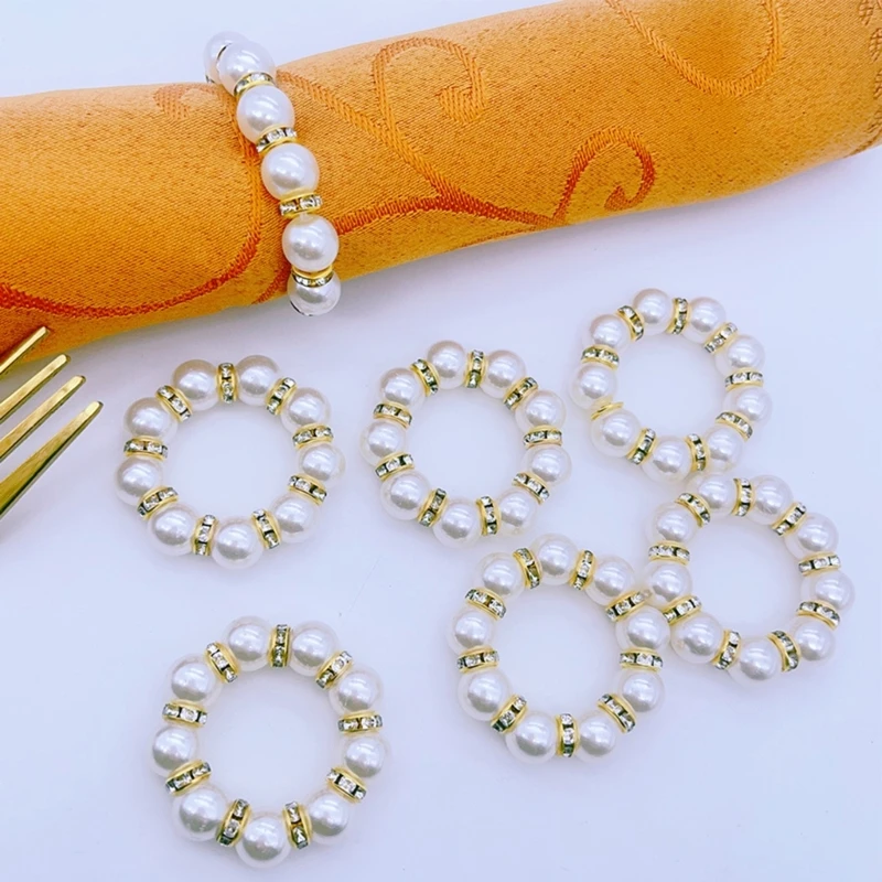 10Pcs Elegant Pearls Napkin Rings with Rhinestones for Home Dining Decoration