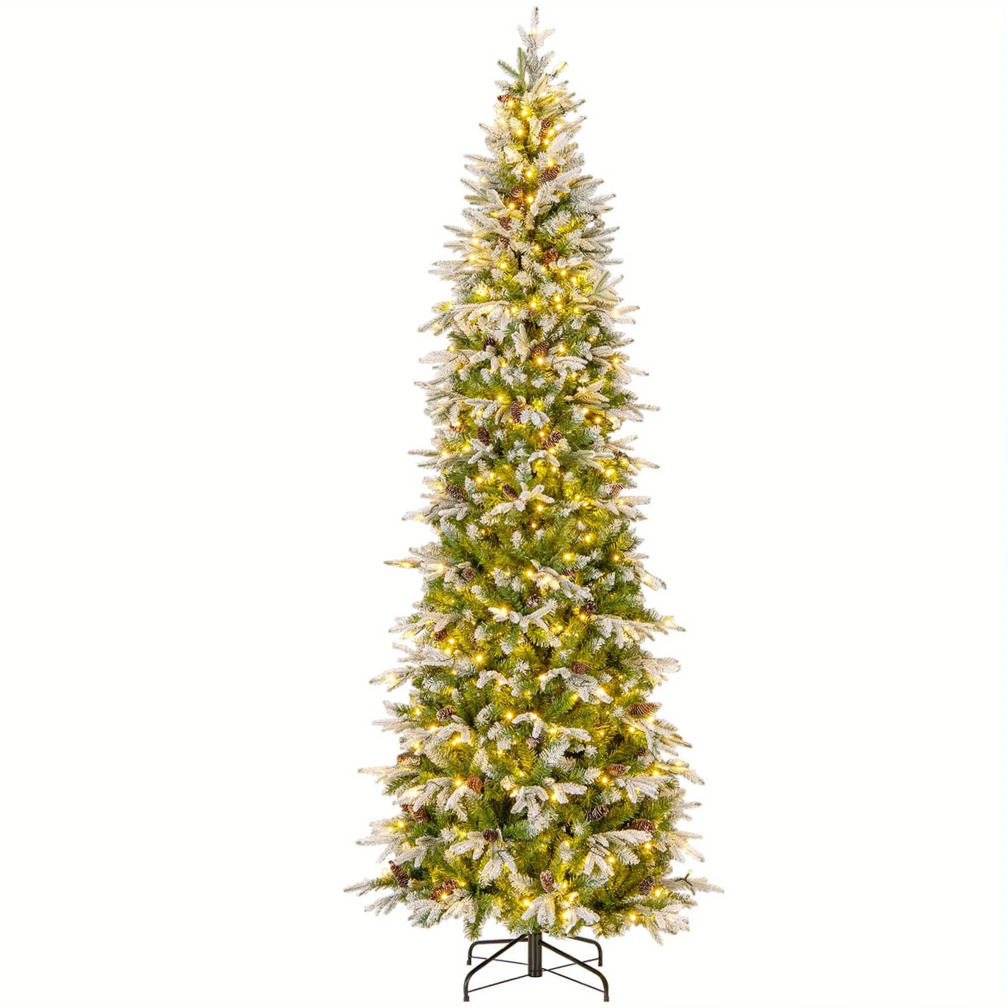 

6/7.5/9 FT Pre-Lit Artificial Christmas Tree, Snow Flocked Hinged Xmas Tree w/ 671/913/1310 Branch Tips, 60/75/98 Pine Cones