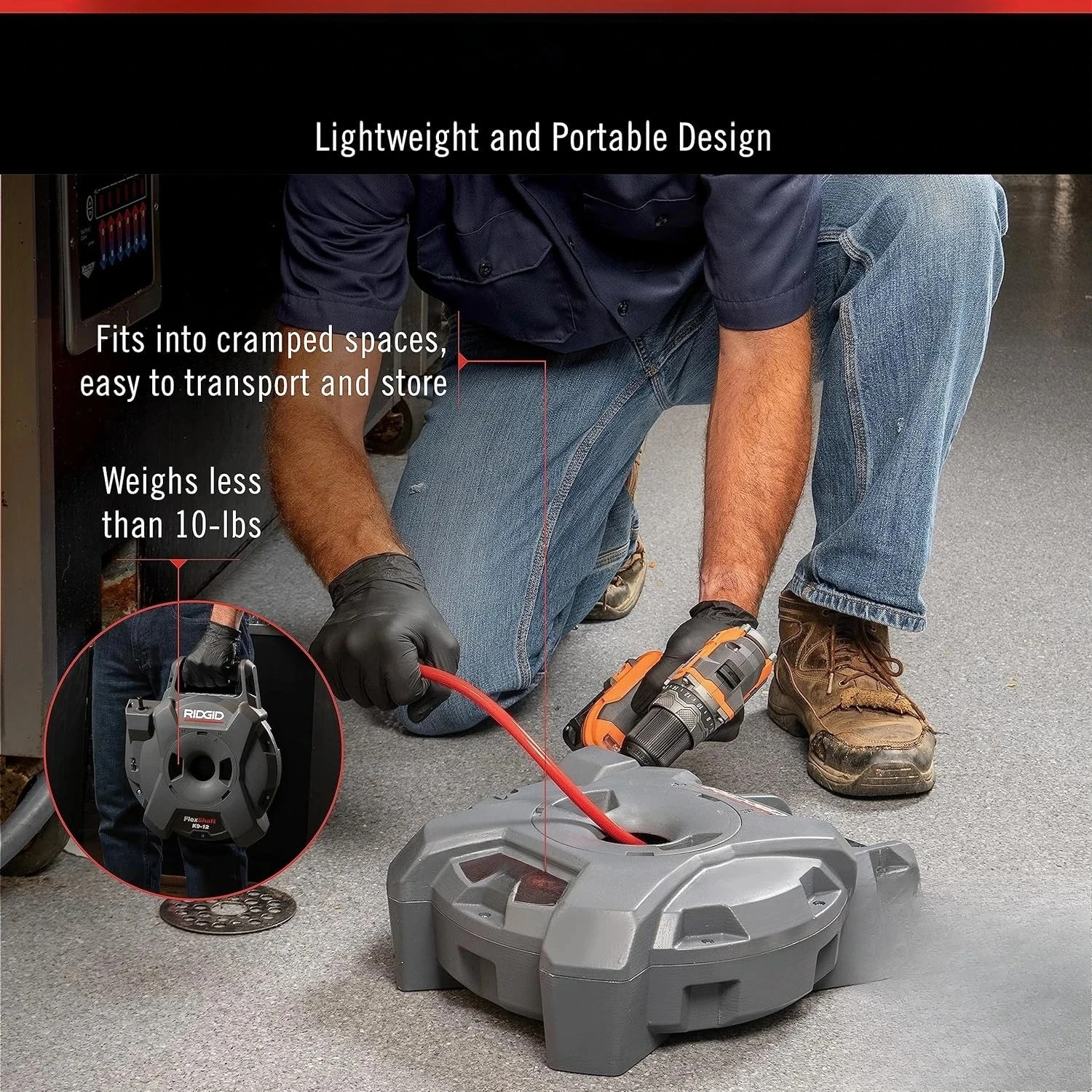 FlexShaft Drain Cleaning Machine 1/4 x 30 ft Wall to Wall Compact Drain Cleaner for 1-1/4 to 2 inch Pipes Professional