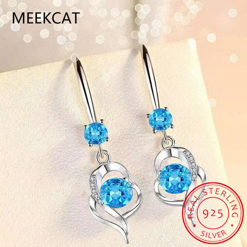 Total 1.68ct Round Natural Sky Blue Topaz Heart Dangle Drop Earrings 925 Sterling Silver for Women Gemstone Fine Jewelry Brincos