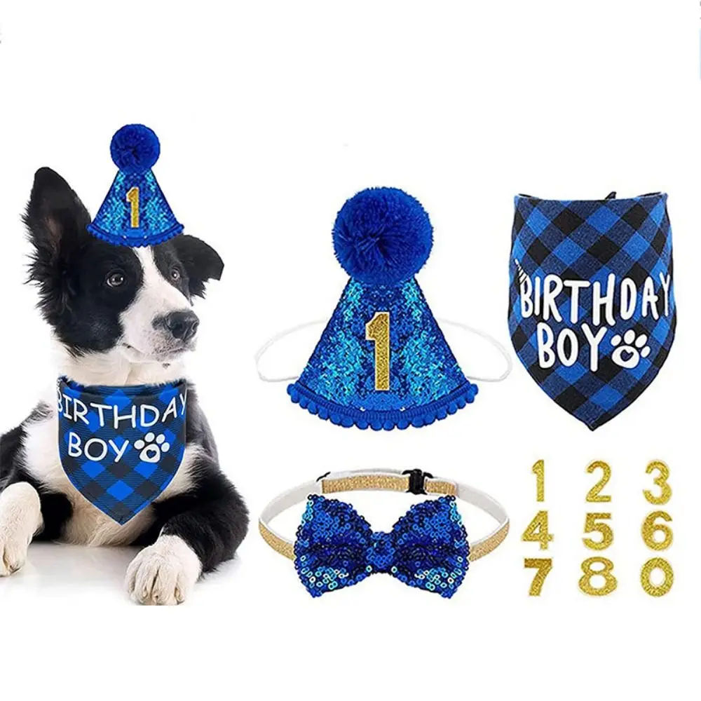 

Pet Bow Tie Decorative Pet Birthday Set Polyester Adjustable Cat Birthday Hat Bow Tie Blue Dog Birthday Triangle Scarf Cosplay