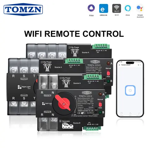 TOMZN TOQ7e 2P 3P 4P WIFI Smart ATS Dual Power Switch Generator To City Power Night Light 220V 63A 100A 125A EWelink Timer Auto